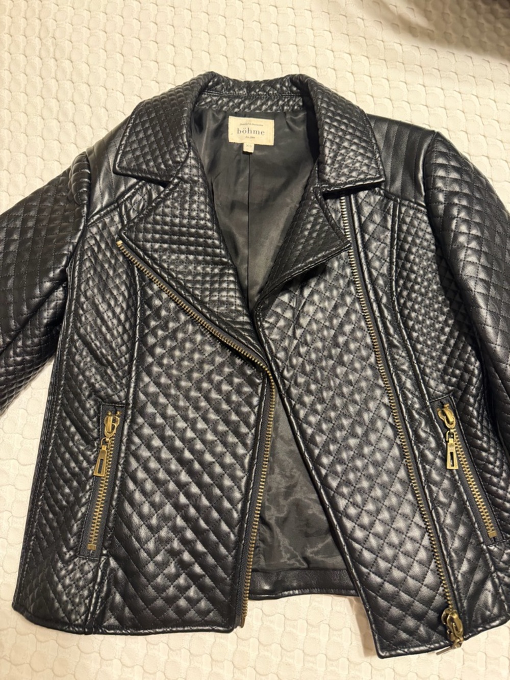 bohme Black Quilted Faux Leather Jacket with Gold Zips